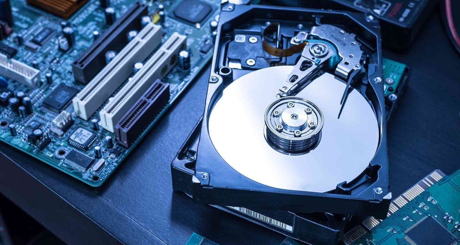 A hard drive and a motherboard placed on a table, illustrating typical hardware involved in drivesaver data recovery processes.