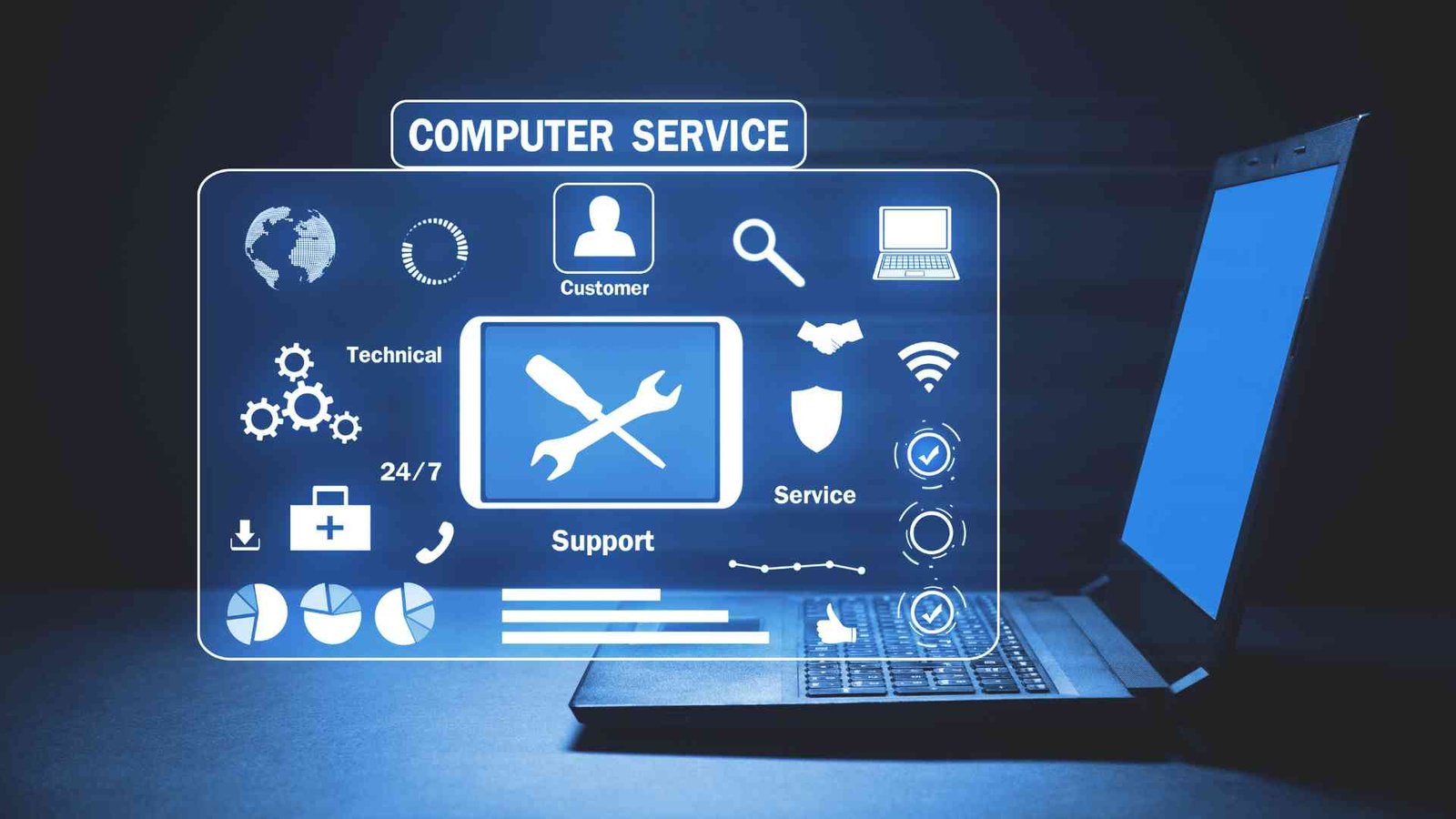 Visual representation of a computer service assisting users with technical issues and support for their devices.