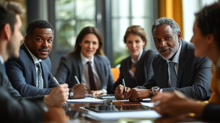 Business professionals gather around a conference table for a meeting on IT consulting services.